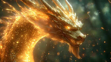 Fototapete - Magnificent golden dragon illuminated in radiant light detailed wings glowing at the edges The mystical scene is filled with drifting particles against a blurred forest of greens and blacks