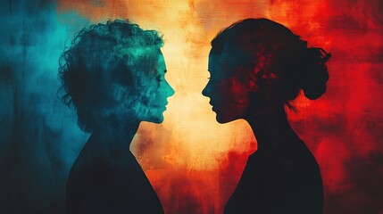 Poster - Two silhouettes face each other against a vibrant textured background in shades of blue and red