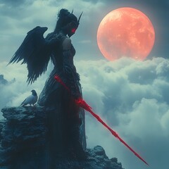 Poster - Masked Indonesian woman with black wings ready for battle standing on a rock with a dove perched on her shoulder her magical red staff glowing surrounded by thick fog under the full moon