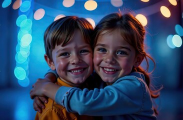 two happy kids hugging over blue lights background