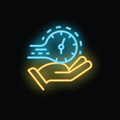 Poster - Neon sign representing a hand holding a clock, symbolizing the rapid passage of time