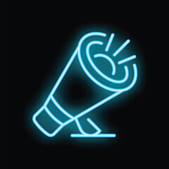 Poster - Bright blue neon megaphone broadcasting a sad face on a black background