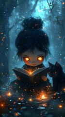 Poster - Melancholic chibi witch with glowing eyes reading an ancient book beside her black cat in a dark mystical forest flickering candlelight illuminating the foggy surroundings in deep blues and crimson