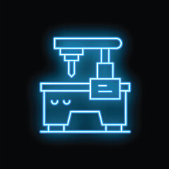 Poster - Blue glowing neon sign of a drilling machine used in a factory for industrial manufacturing