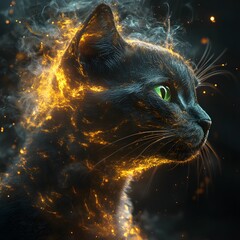 Poster - Metal cat head with glowing green eyes its mane flickering as delicate yellow flames surrounded by a swirl of smoke set on a black background Hyperrealistic details dark mood 4k resolution