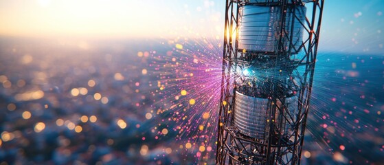 Poster - Towering communication structure with cityscape and sunset