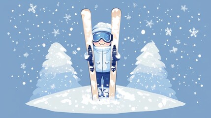 Wall Mural - Cartoon happy skier in snow field in winter.