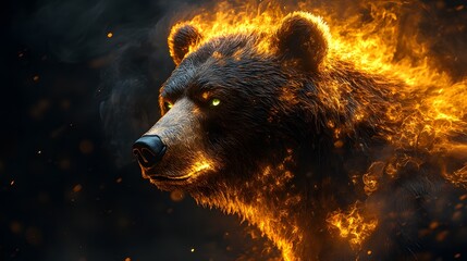 Poster - Metallic bear head with a mane of golden flames its green eyes burning through the dark with smoke gently rising around it The black background highlights the realistic textures in 4k