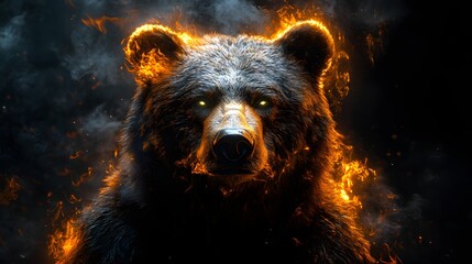 Poster - Metallic bear head with a mane of golden flames its green eyes burning through the dark with smoke gently rising around it The black background highlights the realistic textures in 4k