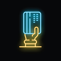 Poster - Neon style vector concept illustration of hand holding credit card on black background