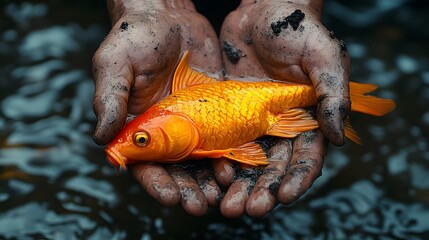 Poster - Miner's hands holding a golden fish figure freshly unearthed from the muddy ground some soil still clinging to it photorealistic digital art with minimal lighting and dark surrounding