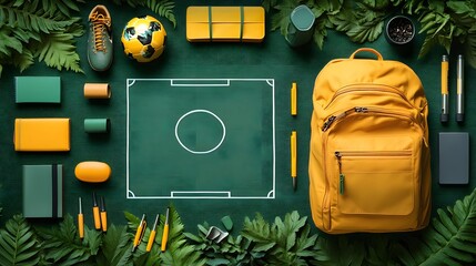 Poster - Minimalistic interpretation of a soccer field from above featuring lush green and yellow patterns a soccer ball boots laid out and a backpack alongside utility items like pens and notebooks