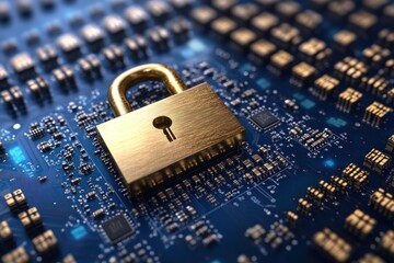 Poster - Golden padlock on a circuit board symbolizing security