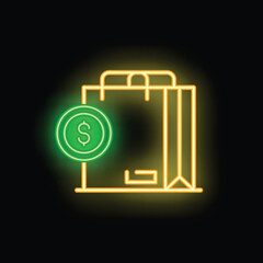 Poster - Neon shopping bag with dollar coin icon glowing on black background, concept of shopping and retail