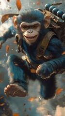 Poster - Monkey ninja in blue and green leaps through the air with a powerful punch grinning mischievously A backpack of bombs strapped on swirling leaves and wind around him cinematic action scene