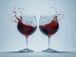 Poster - Two wine glasses with red liquid splashing against a light blue background in studio setting
