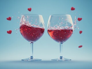 Poster - Two wine glasses with red liquid and heart shapes against light blue background creating a romantic mood