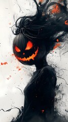 Poster - monochromatic halloween scene with a pumpkin adorned with red eyes and cascading black hair transfor