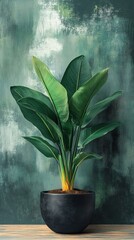 Aufkleber - Lush green plant in a dark pot against a textured teal wall on a wooden surface