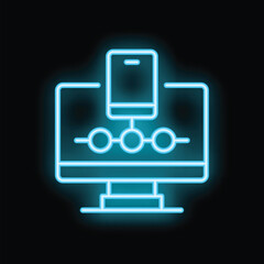 Poster - Neon blue icon of a responsive website design connecting a smartphone and a computer