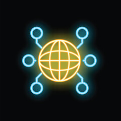 Poster - Neon icon of a globe connecting with data points representing global network and connectivity