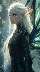 Poster - Mystical female figure flowing white hair glowing skin and pointed elf ears stands in an ethereal moonlit forest Her dark metallic armor glistens and her dragonlike wings shimmer in bluegreen hues