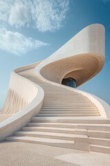 Poster - Modern architectural staircase with curved lines leading to a building under blue sky