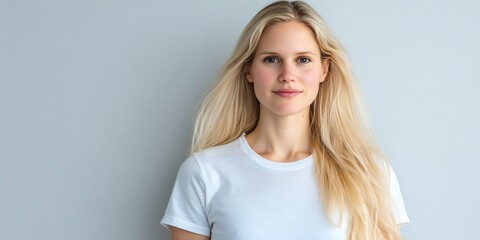 Wall Mural - Blonde woman, white shirt, grey background, portrait (1)