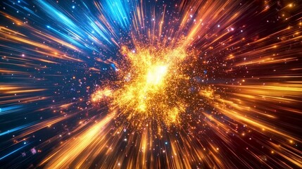 abstract cosmic burst with vibrant blue, orange, and yellow light trails and star particles