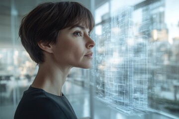 Poster - Woman gazing at digital cityscape in modern office
