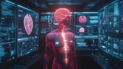 Poster - Neonlit futuristic lab features a central figure in a glowing outfit connected to a floating brain with screens displaying anatomy diagrams and scientific equations all around