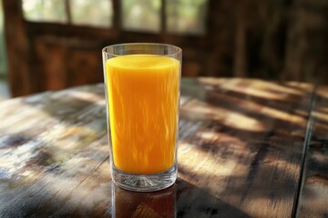 Wall Mural - Sunny morning orange juice glass rustic table