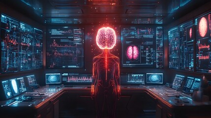 Poster - Neonlit futuristic lab features a central figure in a glowing outfit connected to a floating brain with screens displaying anatomy diagrams and scientific equations all around
