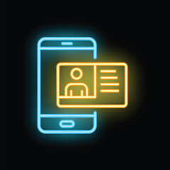 Poster - Neon icon representing customer profile with personal information displayed on smartphone screen