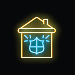 Poster - Glowing neon line house with shield icon isolated on black background. Home security concept. Vector illustration