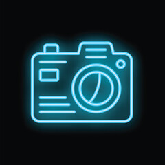 Poster - Blue neon camera glowing on a dark background