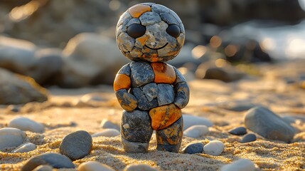 Poster - Pebblecrafted bodybuilder with bold stripes of orange black and gray stones standing on a beach in a fun pose dark pebble eyes glowing delicate stone whiskers artistic contrast against golden sand