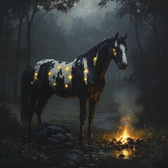 Poster - Photorealistic artwork of a black and white stallion both decorated with luminous fluorescent war paint that glows at night standing in a shadowy forest lit by the warmth of a small bonfire