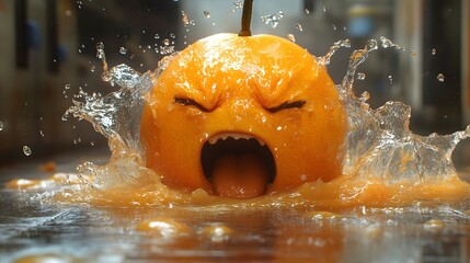 Poster - photorealistic mango with a face being squeezed in a vise juice flows painfully from its eyes and mo
