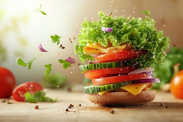 Wall Mural - Veggie burger assembly, kitchen, ingredients levitating, healthy food photography