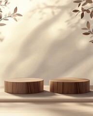 Poster - Minimalist product display featuring two wooden pedestals under soft leaf shadow on beige background