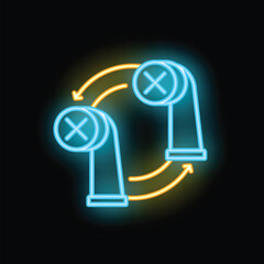 Poster - Neon sign illustrating wireless earbuds seamlessly switching between multiple devices, perfect for showcasing advanced audio technology