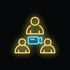 Poster - Neon sign of a group video call, with three people and a camera icon, glowing yellow and blue on a black background