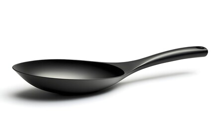 Black frying pan with long handle isolated on white background.