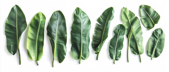Poster - Tropical leaves on white background creating a natural pattern with vibrant green tones and smooth texture