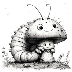 Poster - Playful blackandwhite illustration of a caterpillar with exaggerated features sitting on a comically large mushroom drawn with dynamic lines and rough strokes to emphasize movement and texture
