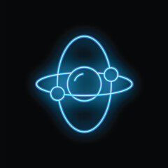 Poster - Neon blue atom icon glowing on dark background representing scientific research