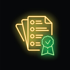 Poster - neon glowing icon of quality control with a stack of documents and a green check mark symbol