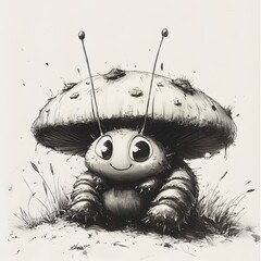 Poster - Playful blackandwhite illustration of a caterpillar with exaggerated features sitting on a comically large mushroom drawn with dynamic lines and rough strokes to emphasize movement and texture