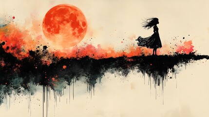 Poster - Playful blackandwhite sketch showcasing a small girl energetically conversing with the moon and stars accented by surreal colors and an exciting alcohol ink splatter effect for a vibrant feel